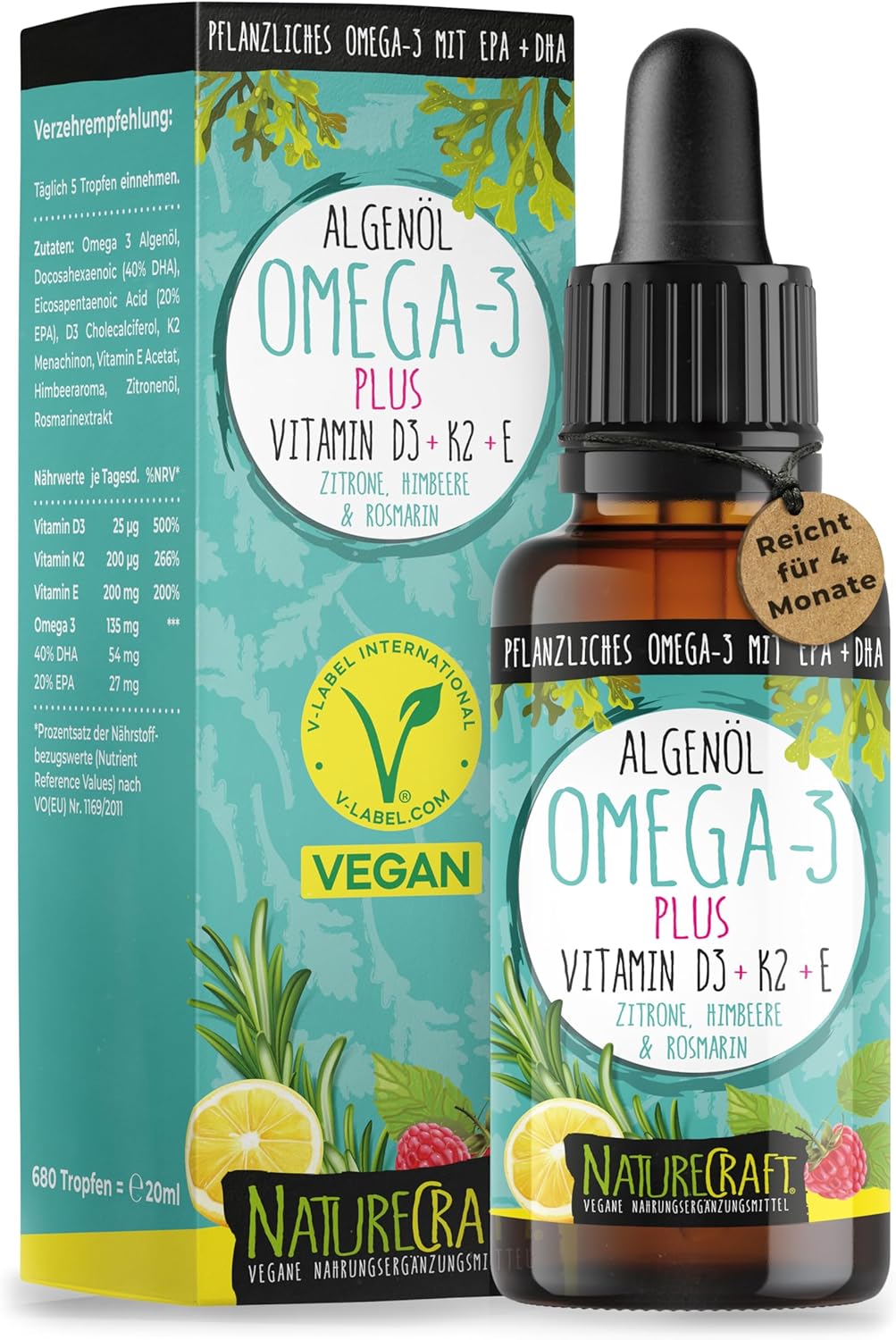 Omega-3 Algenöl PLUS - 40% DHA und 20% EPA mit Vitamin D3 + K2 + E - Himbeer, Zitrone und Rosmarinextrakt - Vegan (20ml = 4 Monats-Vorrat)