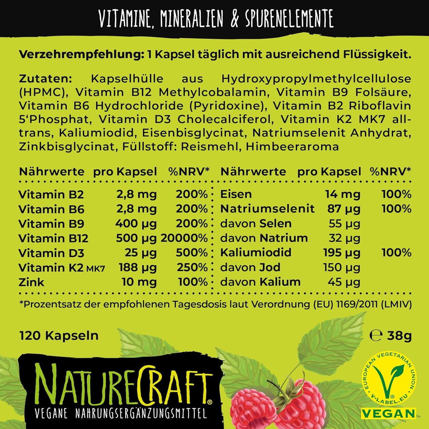 Vegan All-in-One - Vitamin B12+D3+K2+B2+B6+B9 Folsäure + Zink + Eisen + Selen + Natrium + Kalium + Jod - Komplex mit 120 Kapseln (4 Monats-Vorrat)