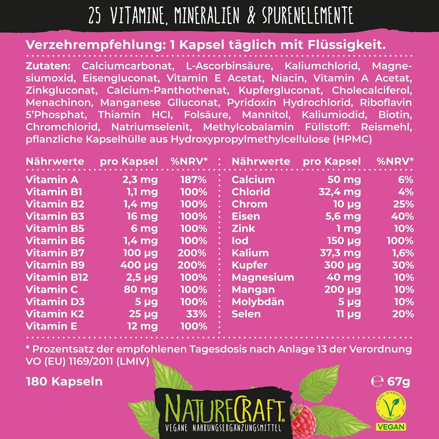 Vegan Multivitamins - 25 Vitamine, Mineralien und Spurenelemente - B12, D3, K2, Calcium, Zink, Eisen, Magnesium und viele weitere - mit 120 Kapseln (4 Monats-Vorrat)