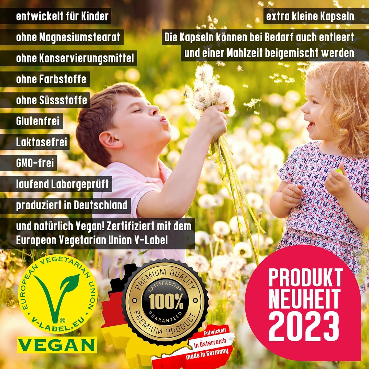 Vegan Kids All-in-One - Vitamin B12+D3+K2+B2+B6+B9 Folsäure + Zink + Eisen + Selen + Natrium + Kalium + Jod - Komplex für Kinder mit 120 Kapseln (max. 4 Monats-Vorrat)…