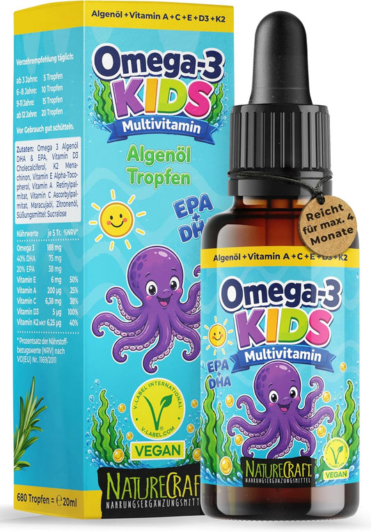 Omega-3 KIDS Algenöl Tropfen für Kinder mit DHA & EPA + D3, K2, C, A & E